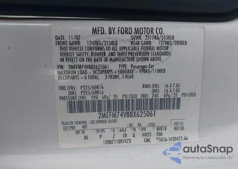 2008 Mercury Grand Marquis Gs z USA, uszkodzony, nr VIN 2MEFM74V88X625061